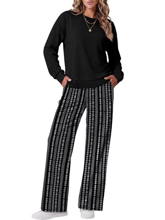 Women's Two-Piece Loungewear Set with Crew Neck Top & Printed Pants