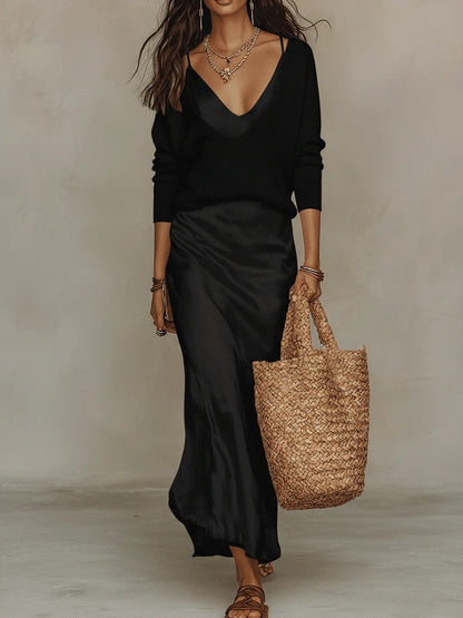Women 2 Piece Quiet Luxury Matching Set Deep V Neck Loose Ribbed Knit Sweater & Slip Midi Skirt