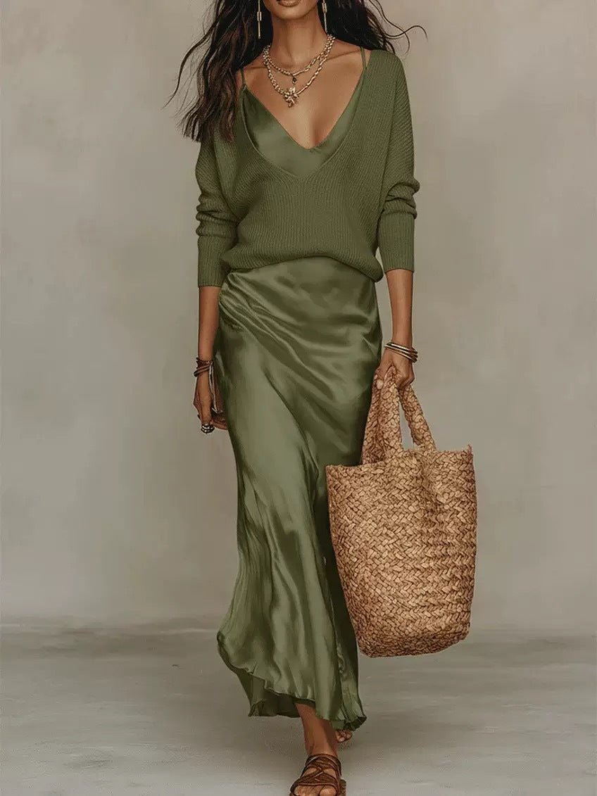 Women 2 Piece Quiet Luxury Matching Set Deep V Neck Loose Ribbed Knit Sweater & Slip Midi Skirt