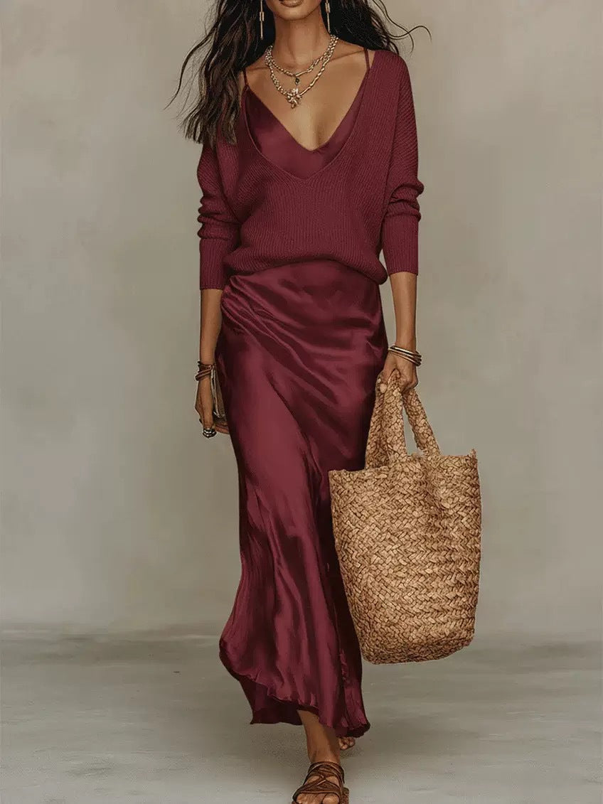 Women 2 Piece Quiet Luxury Matching Set Deep V Neck Loose Ribbed Knit Sweater & Slip Midi Skirt