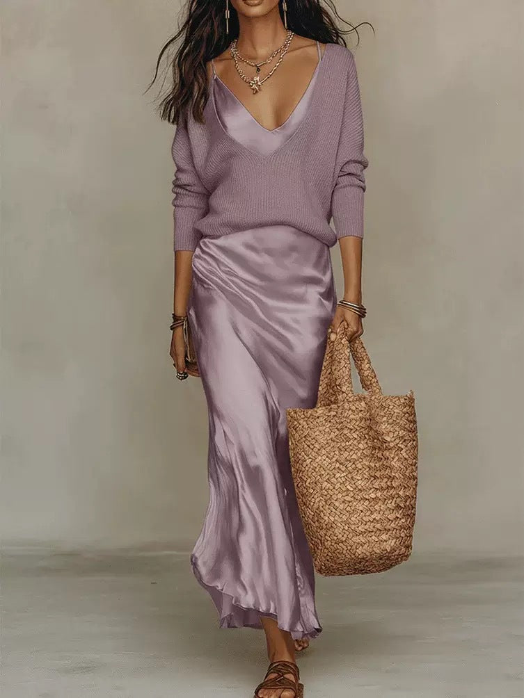 Women 2 Piece Quiet Luxury Matching Set Deep V Neck Loose Ribbed Knit Sweater & Slip Midi Skirt