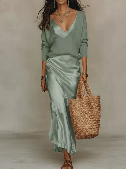 Women 2 Piece Quiet Luxury Matching Set Deep V Neck Loose Ribbed Knit Sweater & Slip Midi Skirt
