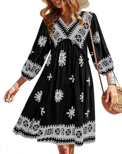 Women V Neck Ruffle Floral Flowy Boho Babydoll Dress