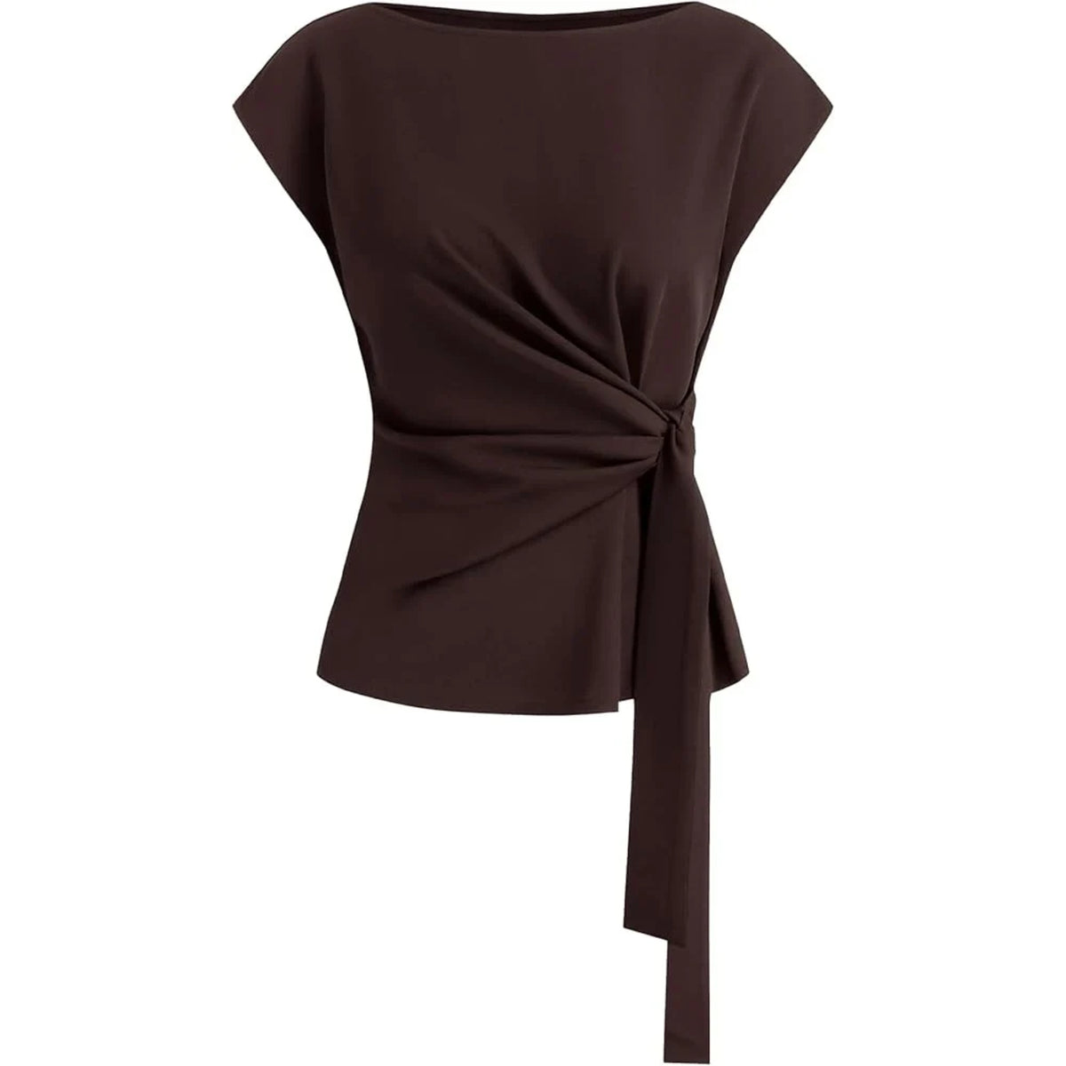 Womens Tie Waist Crew Neck Cap Sleeve Tops Elegant Blouse