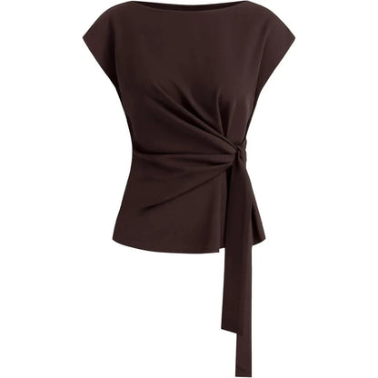 Womens Tie Waist Crew Neck Cap Sleeve Tops Elegant Blouse
