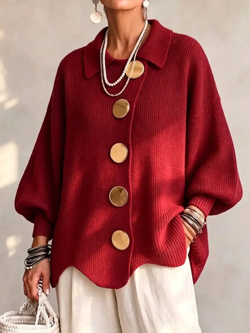 Women French Lapel Irregular Hem Lantern Sleeve Knit Cardigan