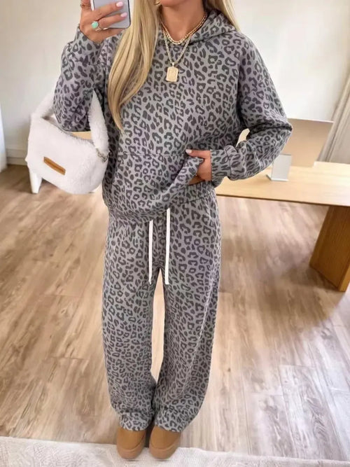 Leopard Print Fleece Hoodie and Pants Two Piece Set