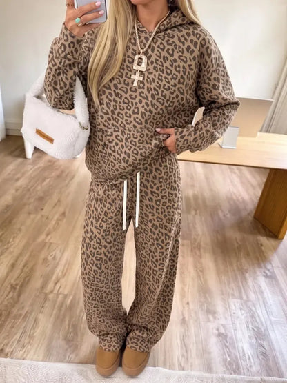 Leopard Print Fleece Hoodie and Pants Two Piece Set