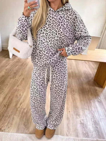 Leopard Print Fleece Hoodie and Pants Two Piece Set