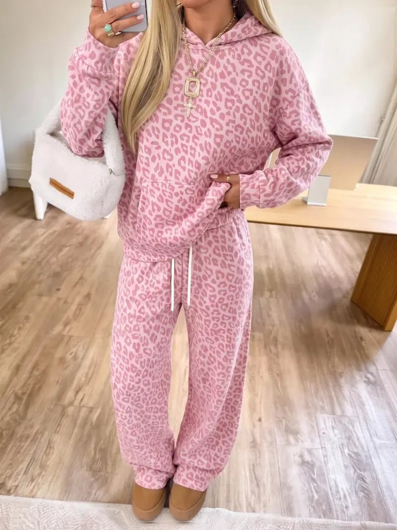 Leopard Print Fleece Hoodie and Pants Two Piece Set