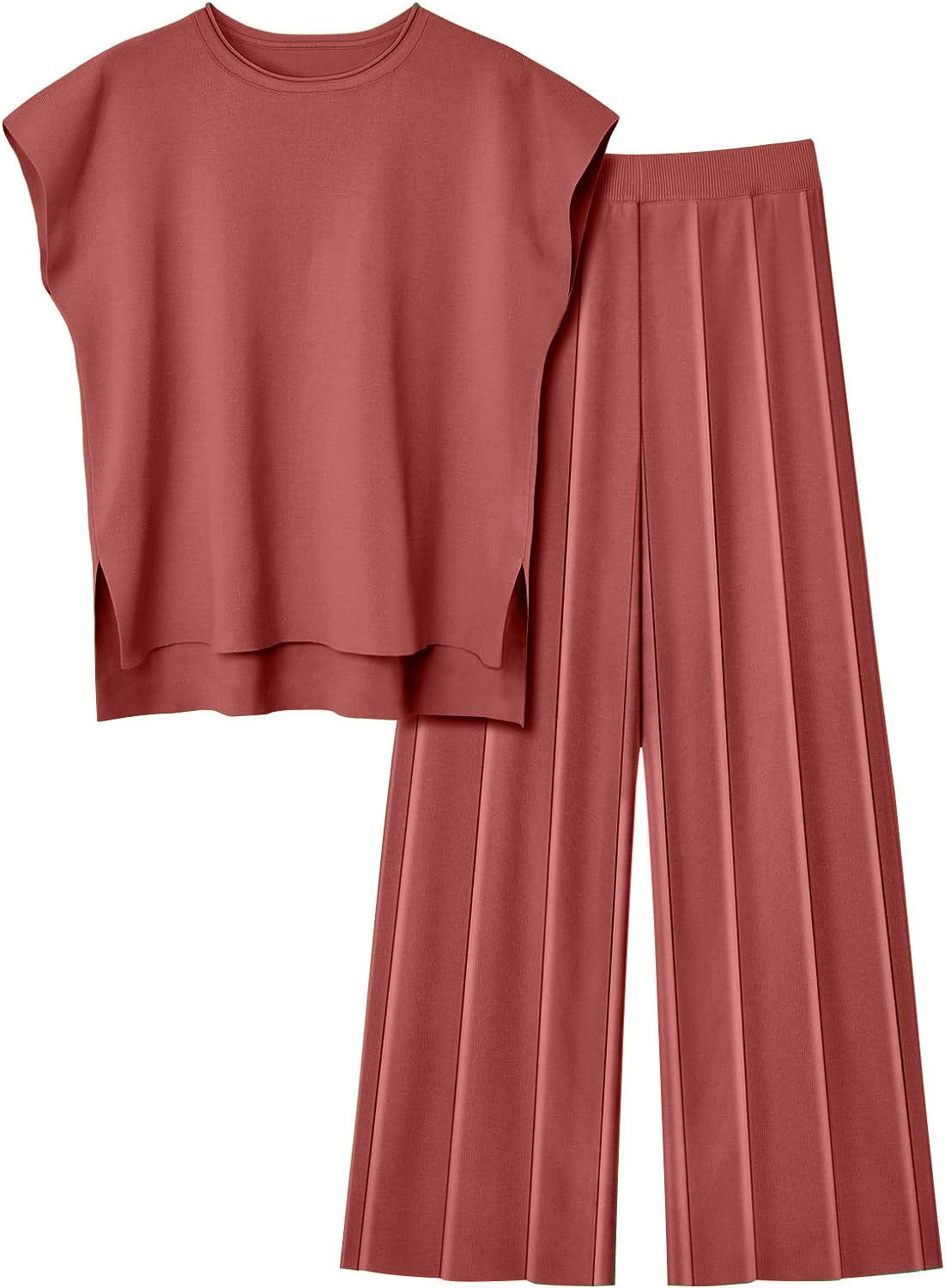 Women Knit 2 Piece Sweater Sets Pullover Tops High Waist Wide Leg Pants Lounge Set