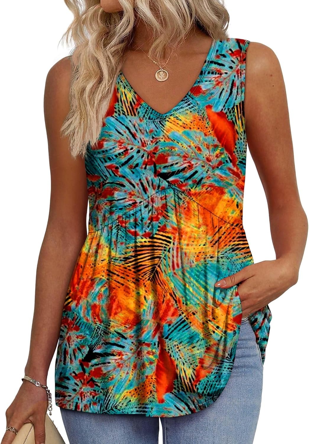 Women's Print Flowy Sleeveless V Neck Peplum Tank Tops
