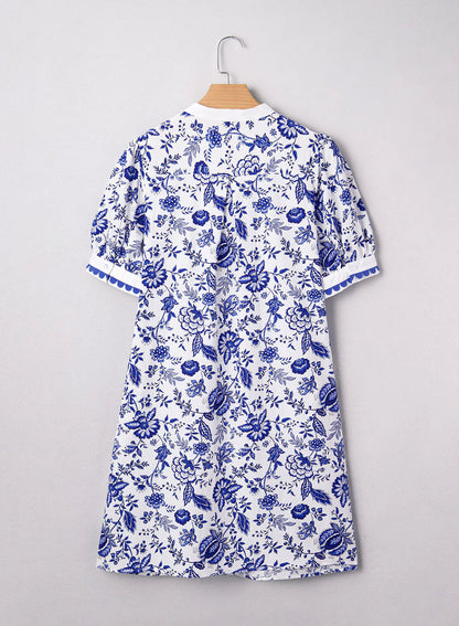 Women's Floral Print V Neck Ricrac Trim Puff Sleeve Dress