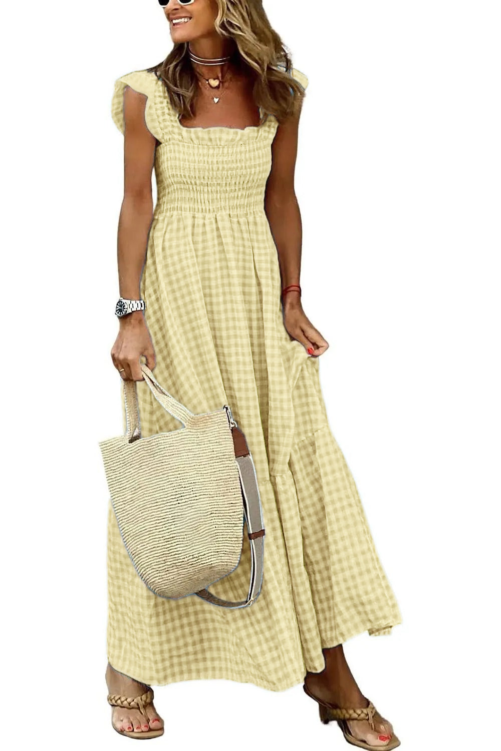 Women's Retro Plaid Smocked Dress Spaghetti Strap Flounce Long Dress With Pockets