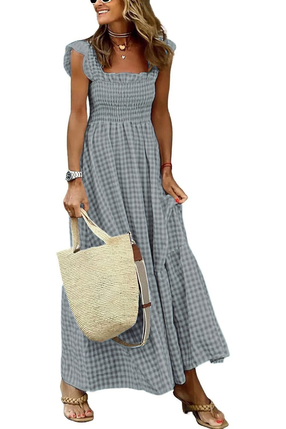 Women's Retro Plaid Smocked Dress Spaghetti Strap Flounce Long Dress With Pockets