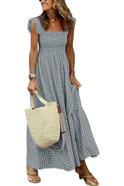 Women's Retro Plaid Smocked Dress Spaghetti Strap Flounce Long Dress With Pockets