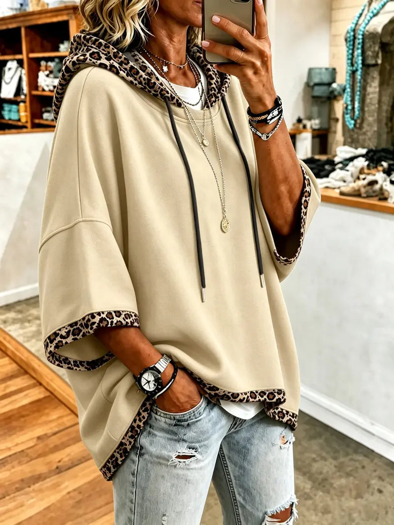 Women 3/4 Bell Sleeve Leopard Trim Hooded Top