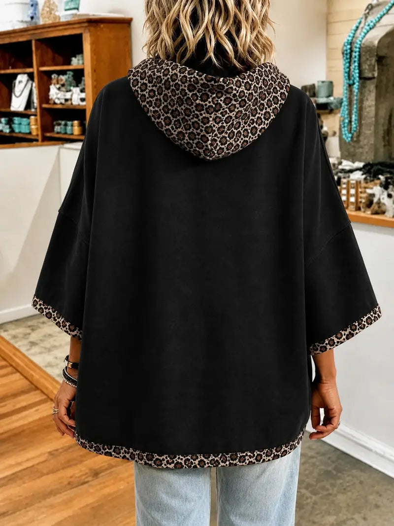 Women 3/4 Bell Sleeve Leopard Trim Hooded Top