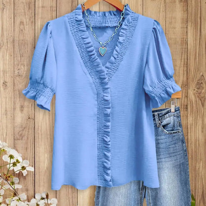 Womens Smocked Ruffle Trim V-Neck Blouse