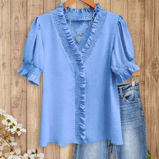 Womens Smocked Ruffle Trim V-Neck Blouse
