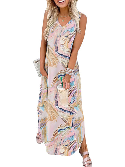 Women's Boho Print V Neck Split Tank Long Dress with Pockets