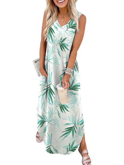 Women's Boho Print V Neck Split Tank Long Dress with Pockets