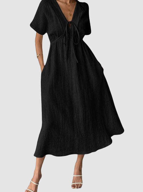 Women's V Neck Tie up Textured Loose Flowy Midi Dress With Pockets