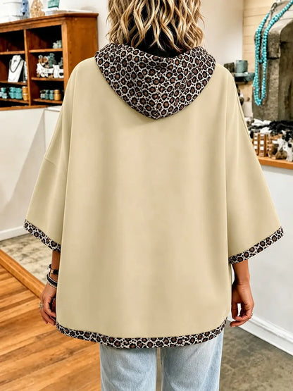 Women 3/4 Bell Sleeve Leopard Trim Hooded Top
