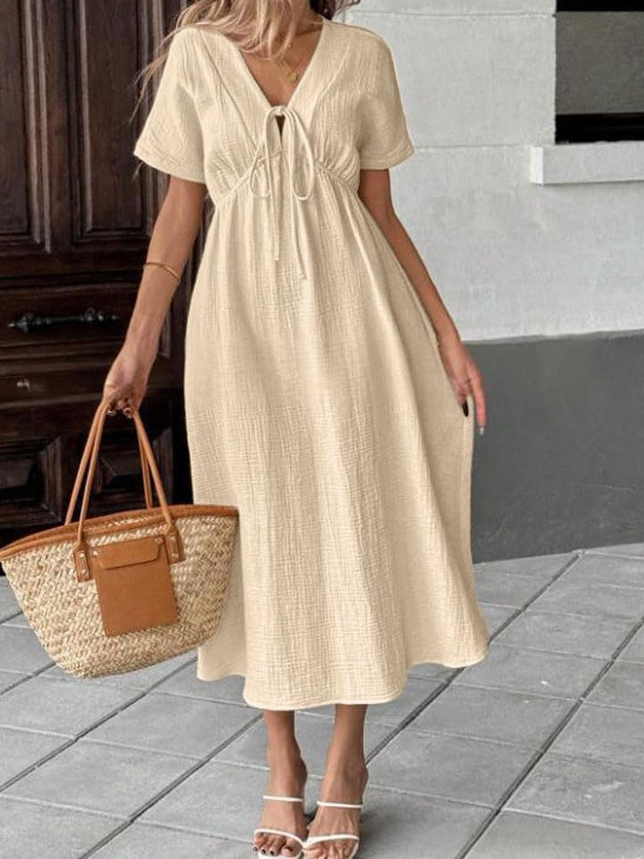 Women's V Neck Tie up Textured Loose Flowy Midi Dress With Pockets