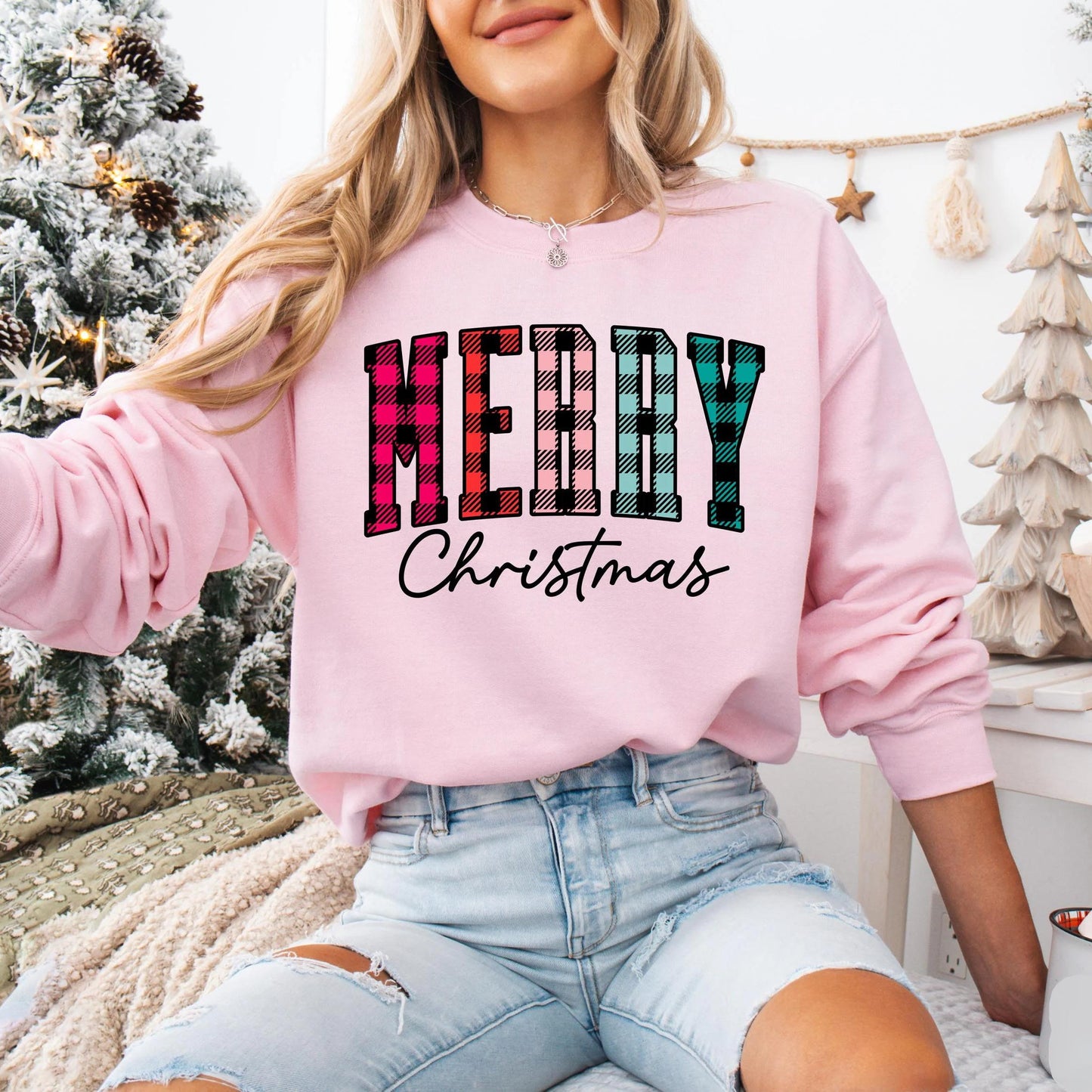 “Merry Christmas” Plaid Graphic Sweatshirt(Buy 2 Free Shipping)