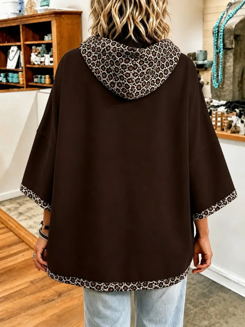 Women 3/4 Bell Sleeve Leopard Trim Hooded Top
