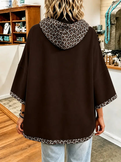 Women 3/4 Bell Sleeve Leopard Trim Hooded Top