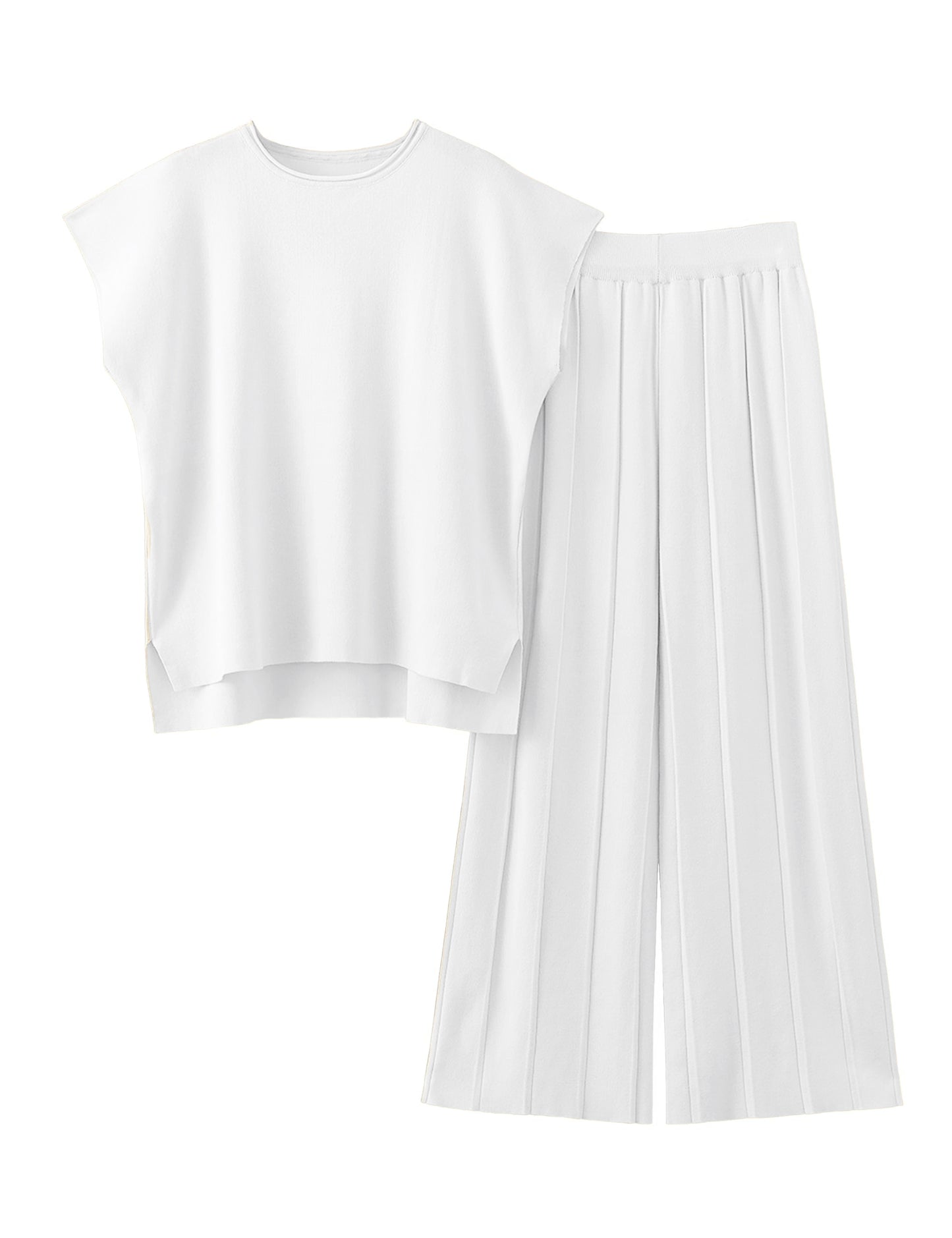 Women Knit 2 Piece Sweater Sets Pullover Tops High Waist Wide Leg Pants Lounge Set