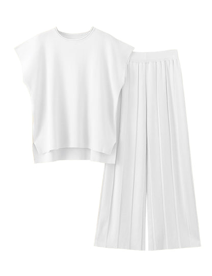 Women Knit 2 Piece Sweater Sets Pullover Tops High Waist Wide Leg Pants Lounge Set