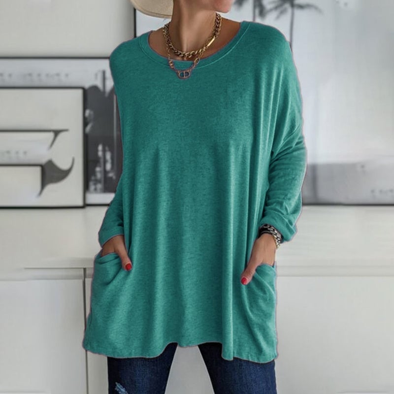Women's  Round Neck Long Sleeve Loose Pocket Solid T-Shirt