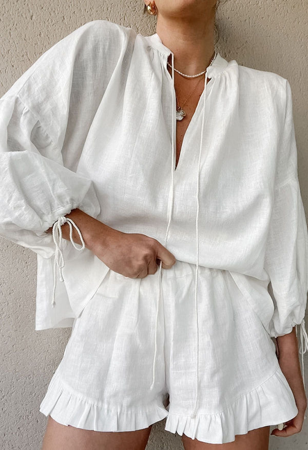 Women's Lantern Sleeve Drawstring Shirt and Shorts Set(BUY 2 FREE SHIPPING)