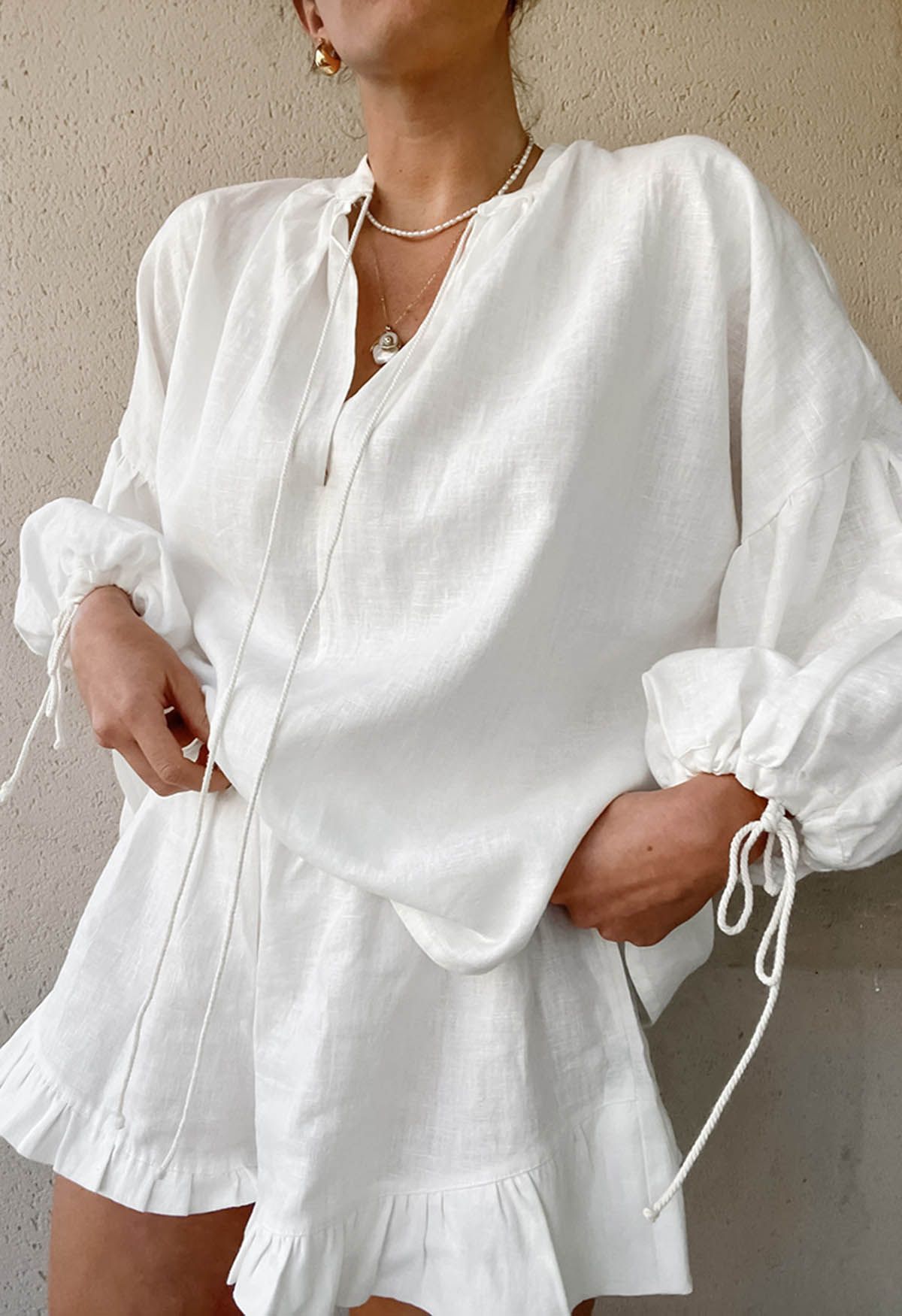 Women's Lantern Sleeve Drawstring Shirt and Shorts Set(BUY 2 FREE SHIPPING)