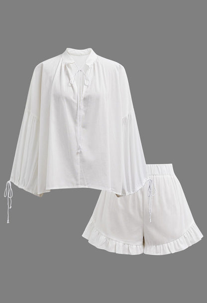 Women's Lantern Sleeve Drawstring Shirt and Shorts Set(BUY 2 FREE SHIPPING)