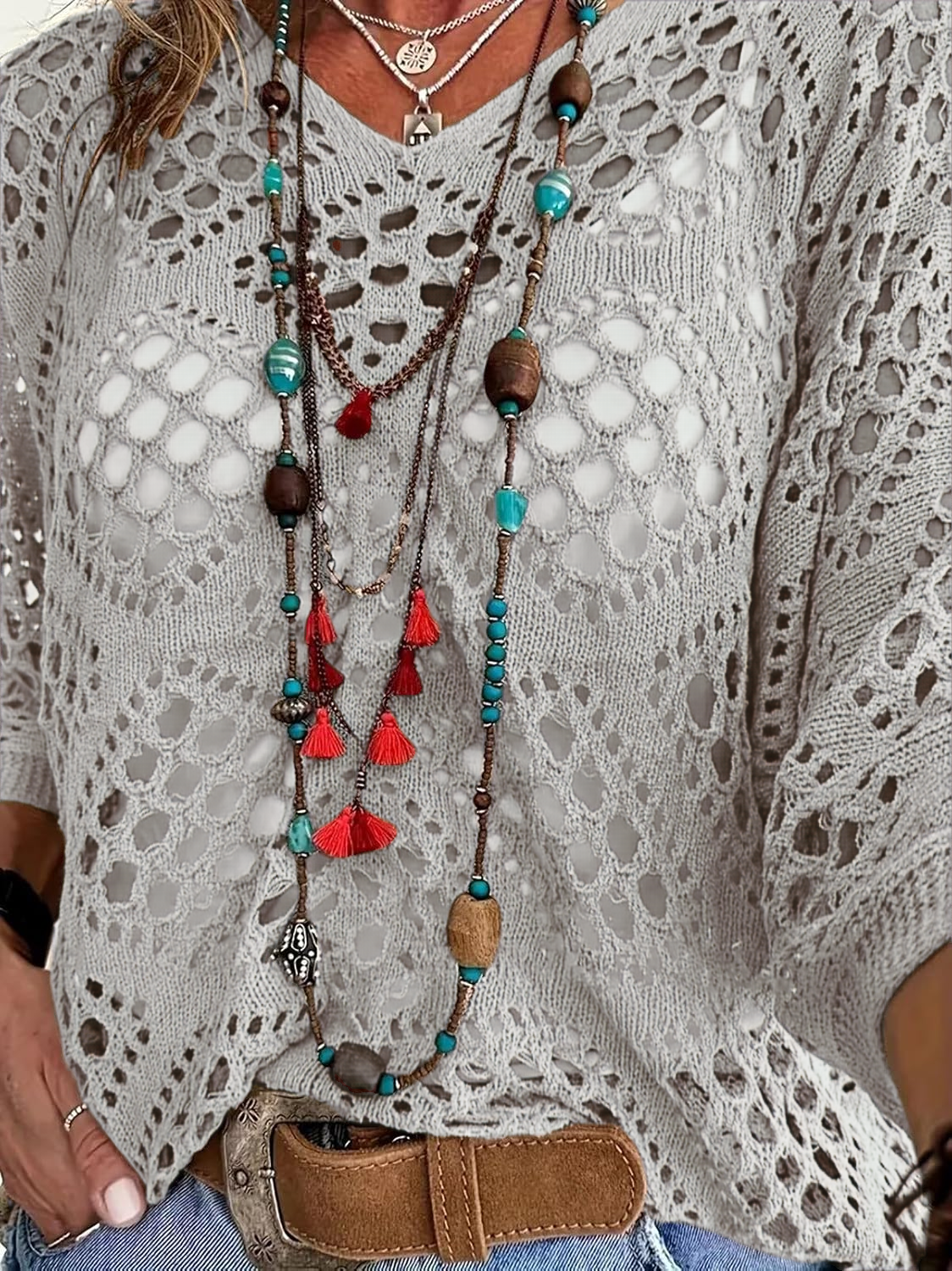 🔥Women's Casual V-Neck Hollow Crochet Cover-Up Short Sleeve Top