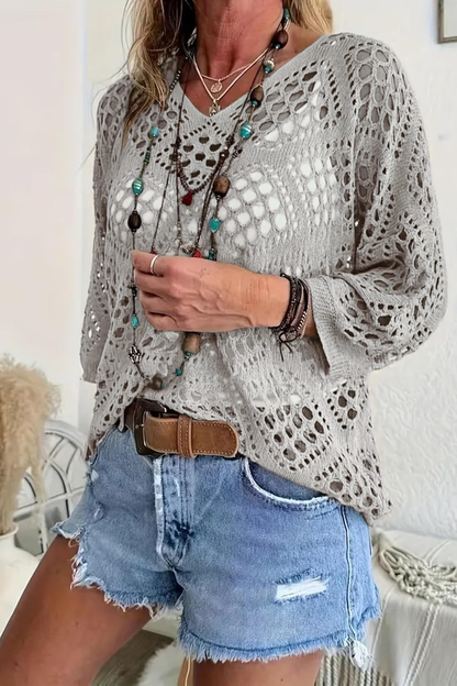 🔥Women's Casual V-Neck Hollow Crochet Cover-Up Short Sleeve Top