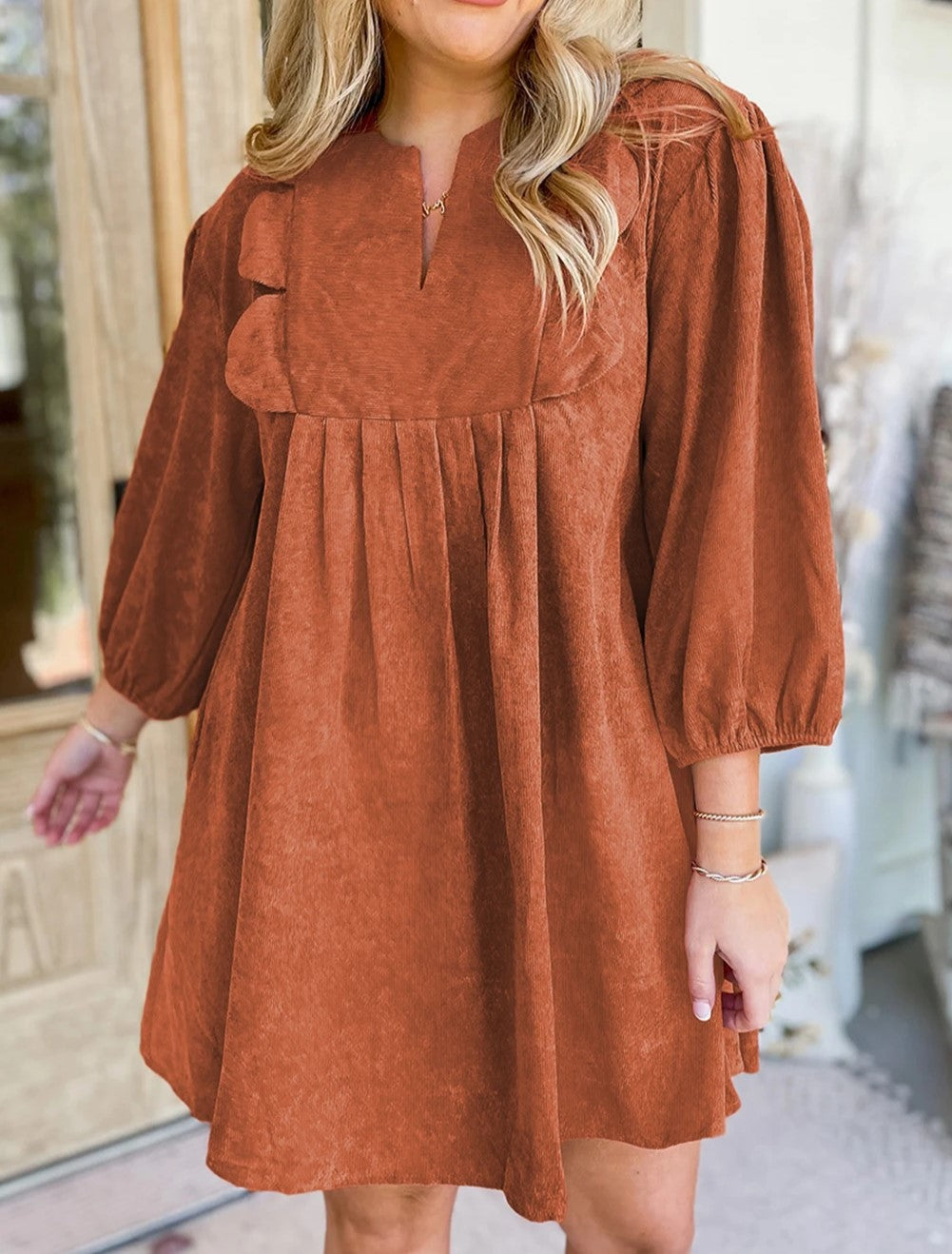 Bracelet Sleeve Split Neck Scallop Detail Pleated Corduroy Mini Dress