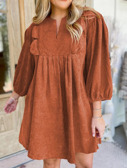 Bracelet Sleeve Split Neck Scallop Detail Pleated Corduroy Mini Dress