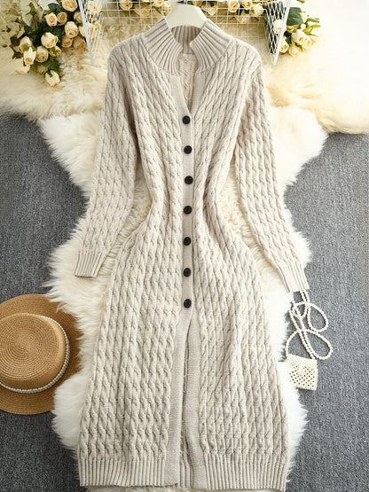 Women's Stand Collar Single Button Cable Knit Long Cardigan