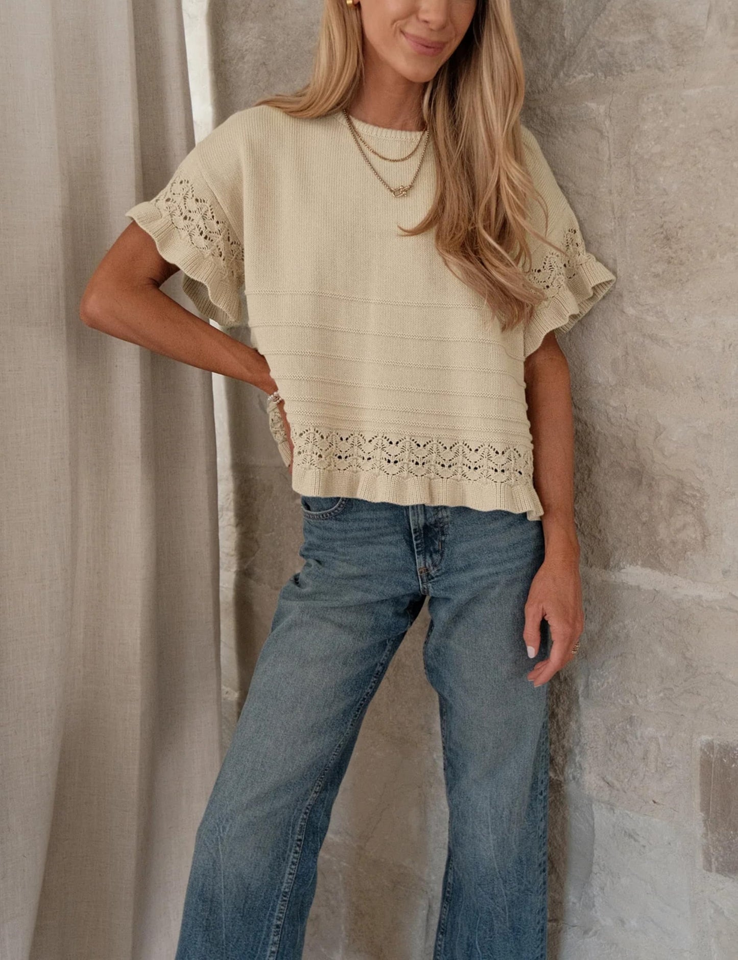 Women's Round Neck Ruffled Hem Knit Pullover Top