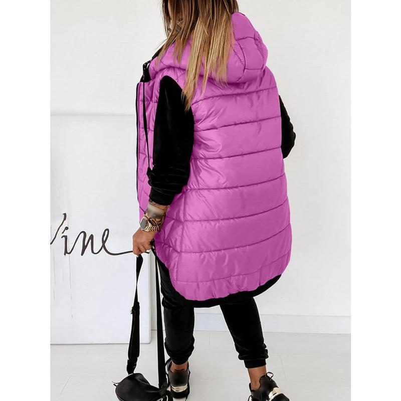 Women's Hooded Puffer Long Vest Lightweight Zipper Up Padded Gilet With Pocket