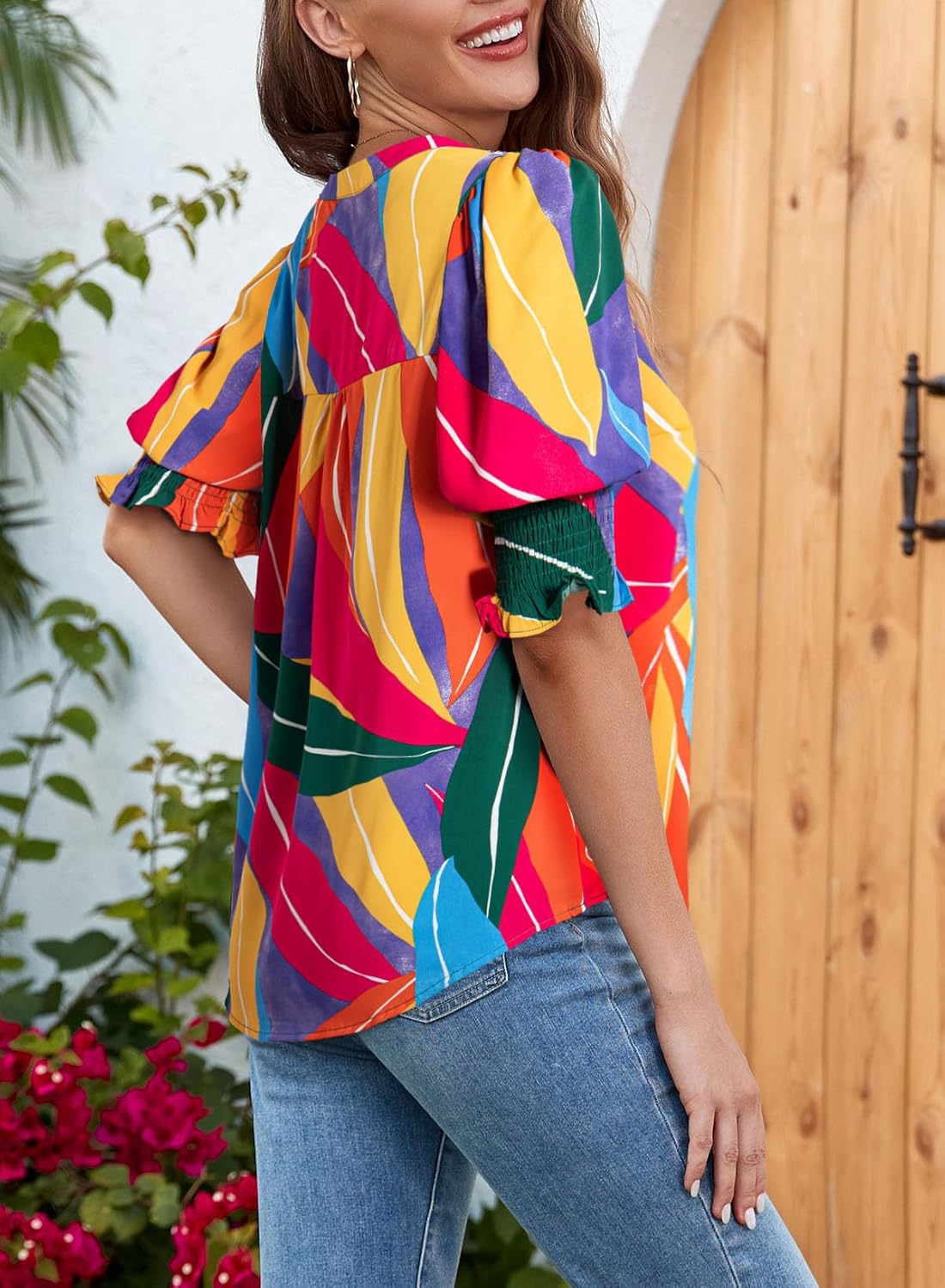 Floral V-Neck Puff Sleeve Blouse