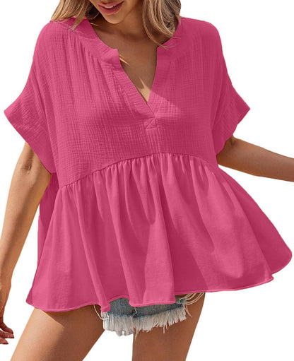 Womens V Neck Short Sleeve Pleated Flowy Shirts Peplum Blouse