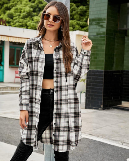 Women's Flannel Shirts Plaid Shacket Collared Long Jacket Coats