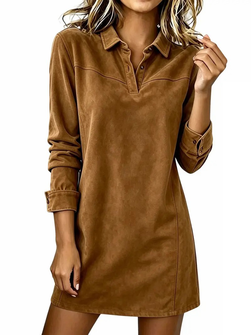 Women's Faux Suede Lapel Long Sleeve Shirt Dress