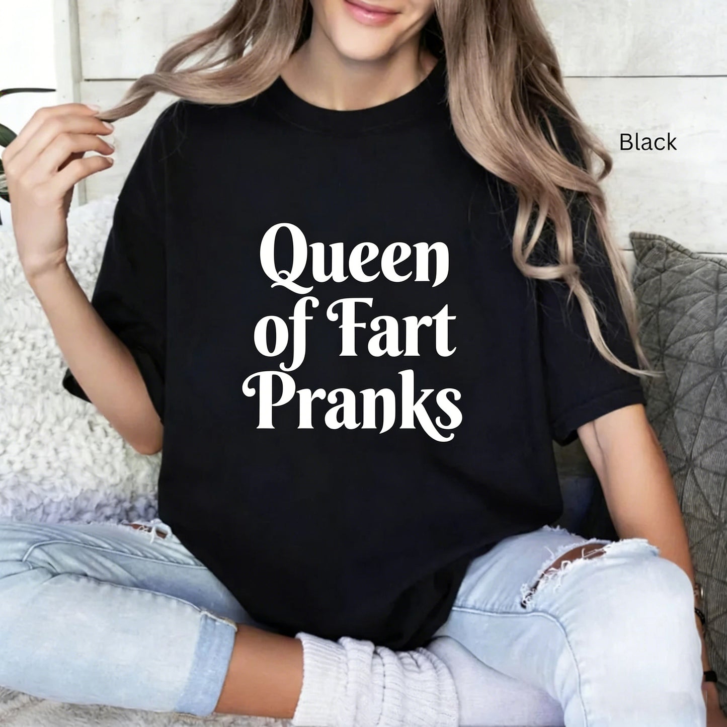 Fun top with "Queen of Fart Pranks" printed short-sleeved T-shirt